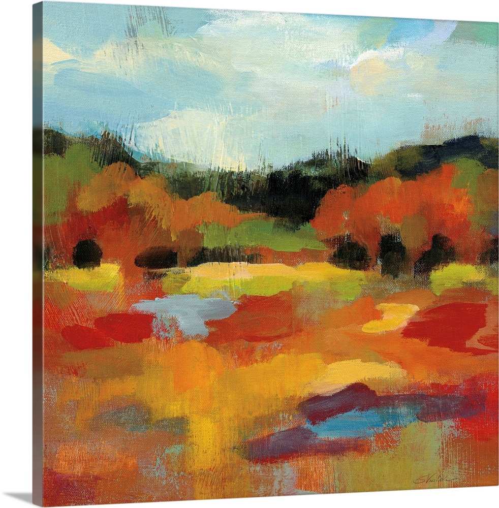 Square abstract painting of an Autumn tree scene with a blue sky.