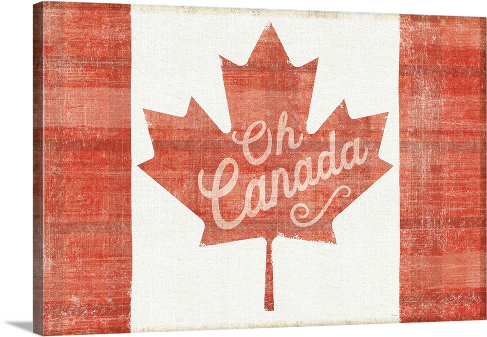 Red and white plaid patterned Canadian flag with the phrase "Oh Canada" written on the red maple leaf in the center.