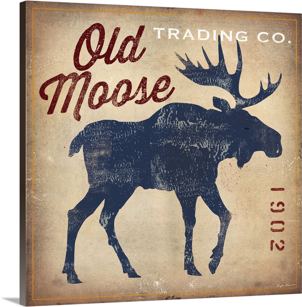 Retro style sign for Old Moose Trading Company, with a blue moose silhouette.