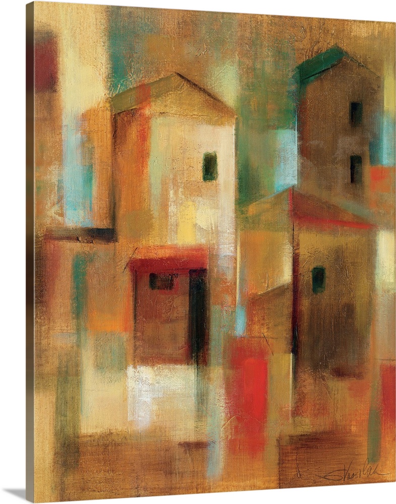 Contemporary abstract painting of houses.  The homes are depicting using simple geometric shapes.