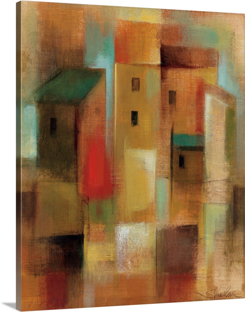Abstract painting of buildings in a town made up of patches of colors.