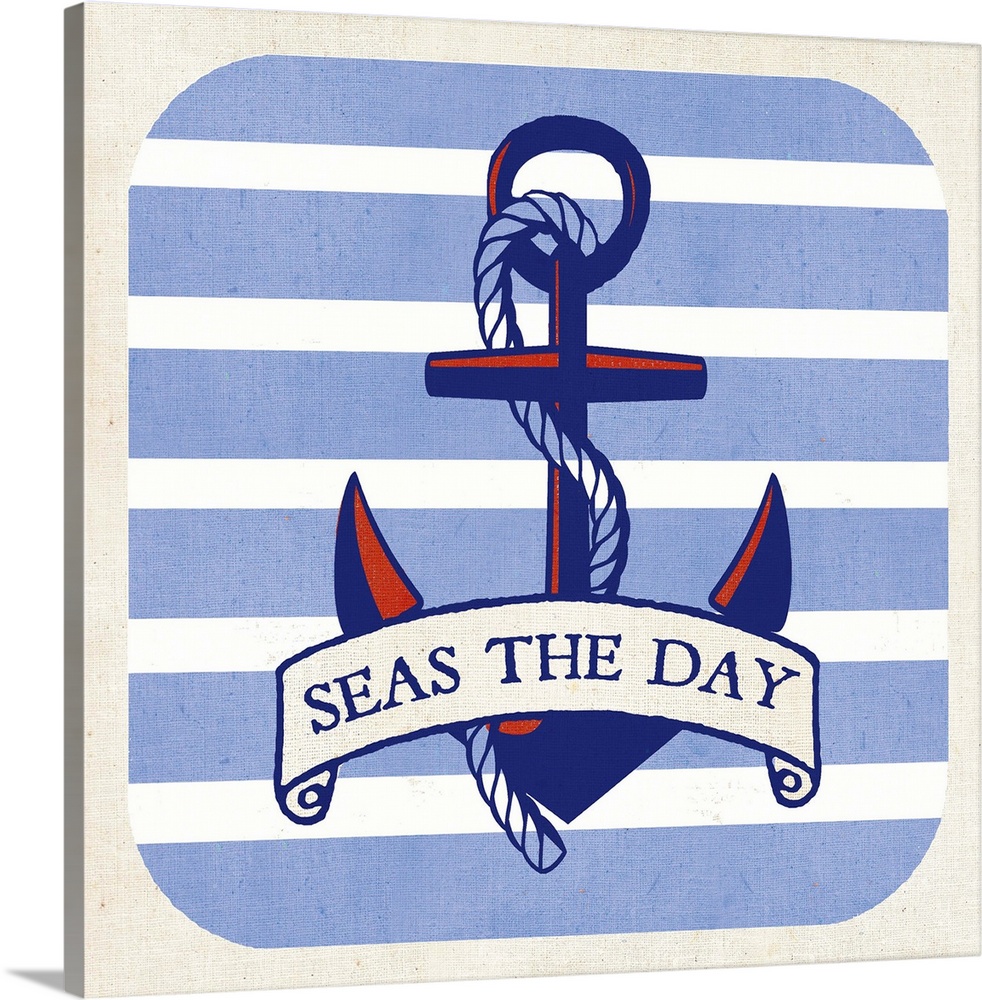 Contemporary nautical themed sentiment art with an anchor against a blue and white striped background.