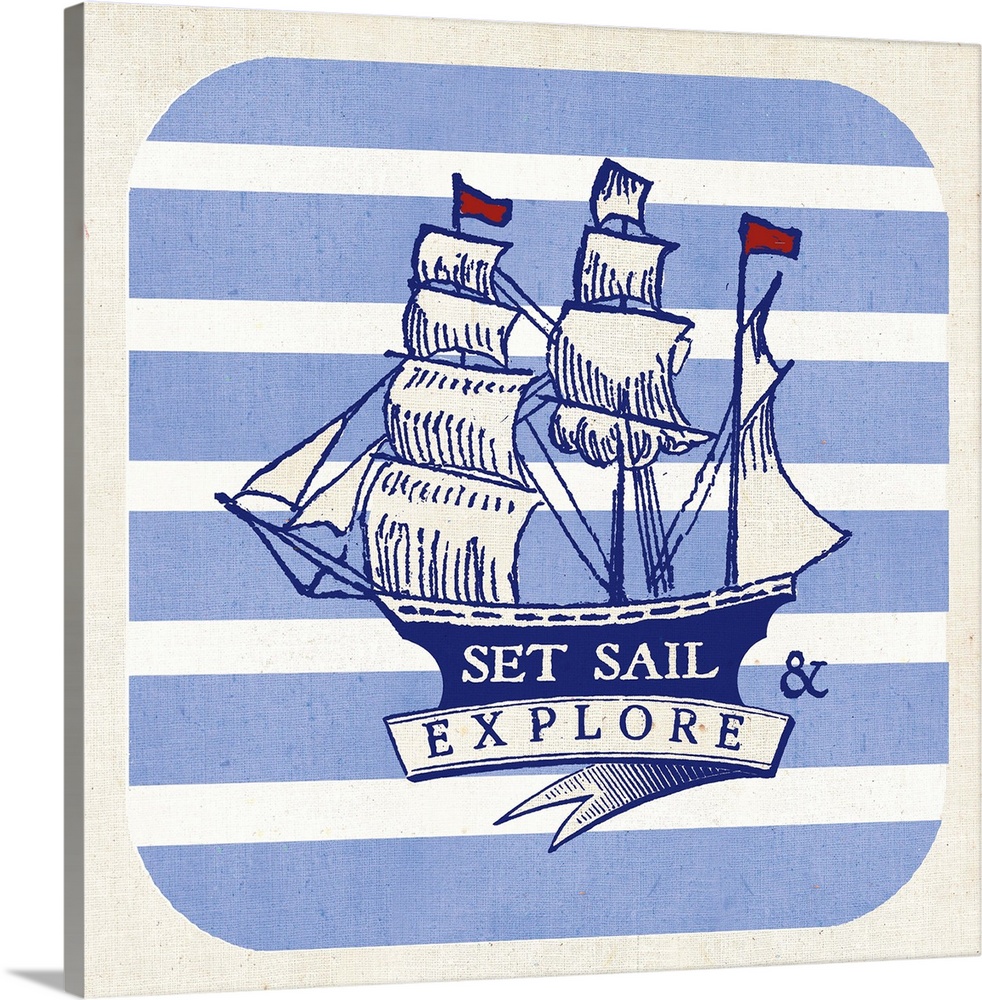 Contemporary nautical themed sentiment art with a ship against a blue and white striped background.