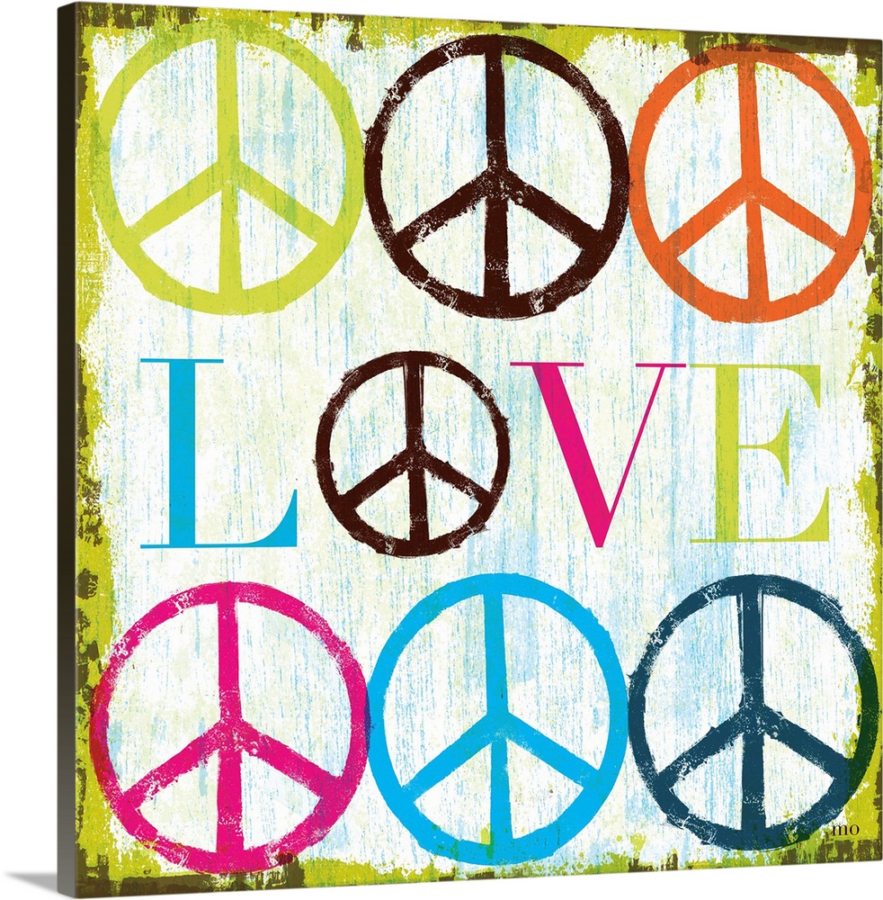 Retro artwork of the word "LOVE" surrounded by colorful peace sign symbols.