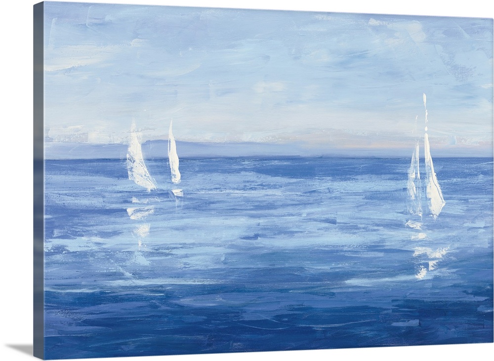 Contemporary painting of white sails from sailboats casting reflections on the calm sea.