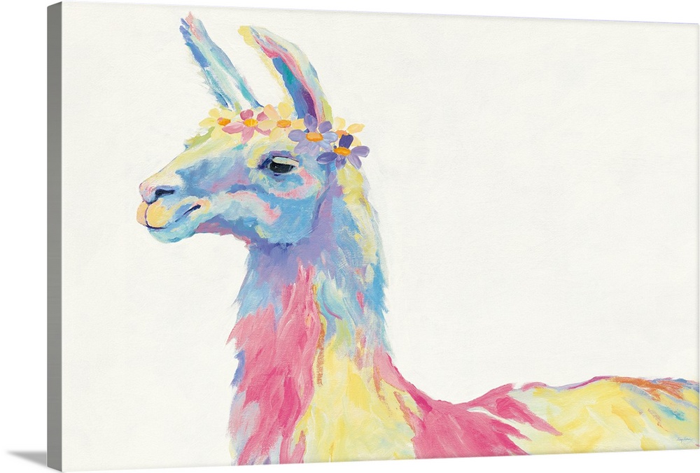 Contemporary painting of a Llama with a wreath on her head in multiple pastel colors.