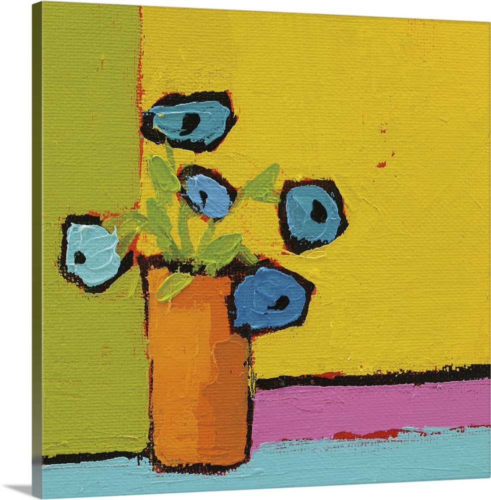 Bright square abstract painting of an orange vase with bright blue flowers on a multicolored background.