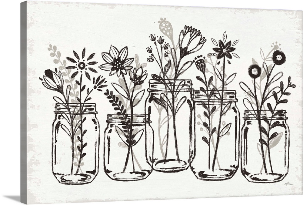 Digital illustration of glass jars filled with flowers in a pen and ink style with a texture backdrop.