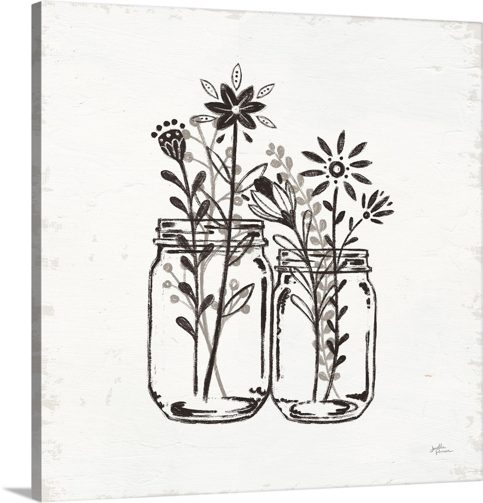 Square illustration of two jars filled with flowers in a pen and ink style with a texture backdrop.