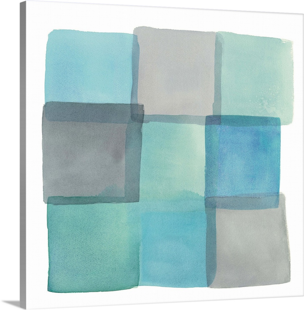 Contemporary watercolor abstract of squares in pale colors against a white background.