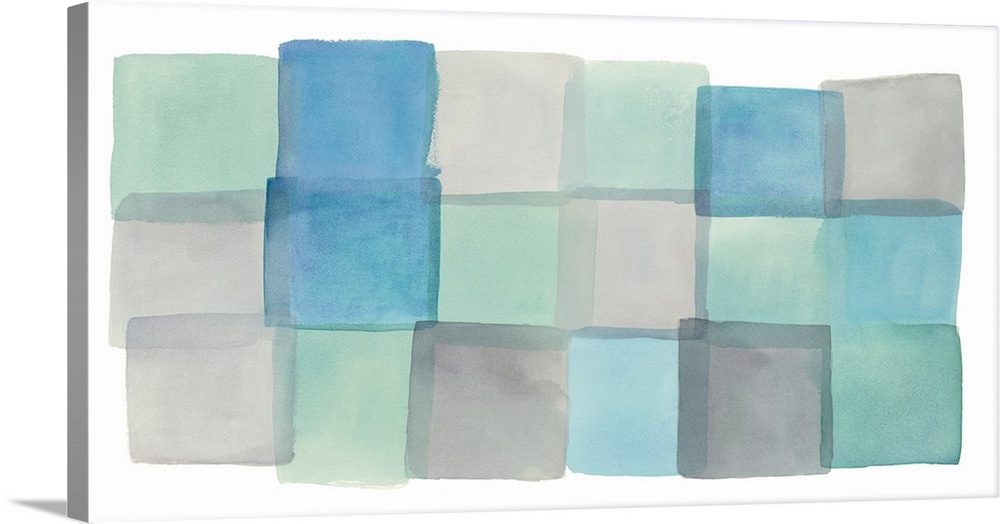 Pastel watercolor painting of squares in blue and teal shades.