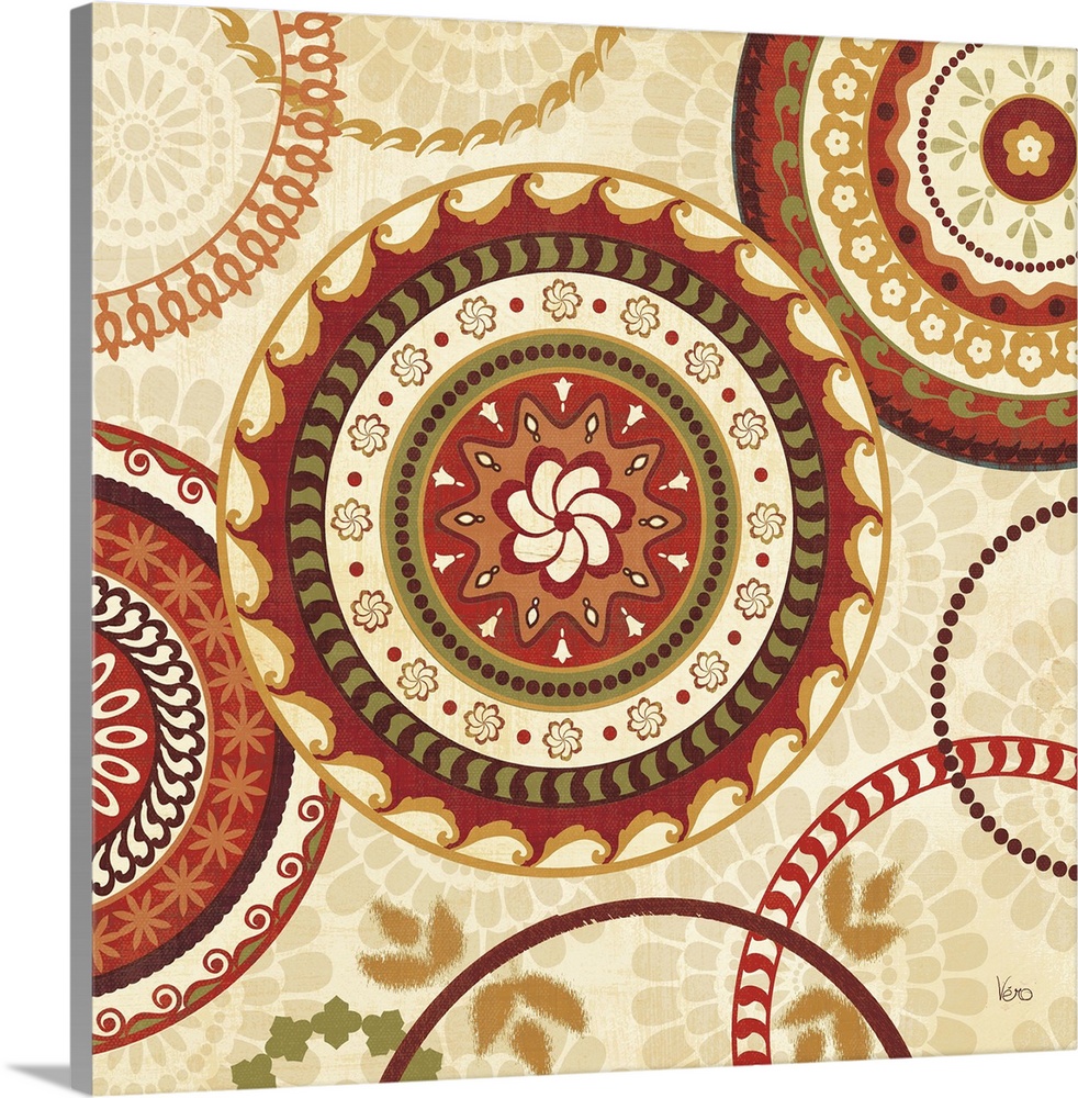 Contemporary artwork of bright ornate circular patterns over a light neutral tone patterned background.