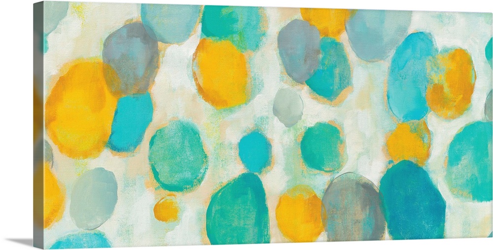 Contemporary abstract painting using soft vibrant colors in organic shapes.