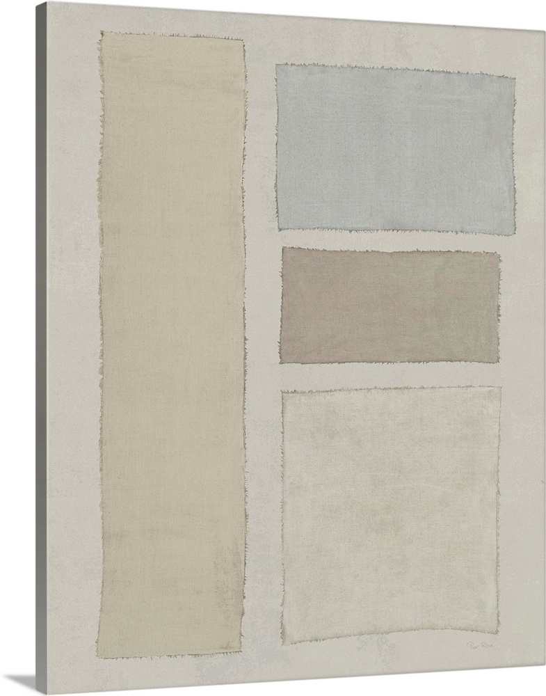 Mixed media art with beige, brown, cream, and gray different sized rectangles placed neatly on a neutral colored background.