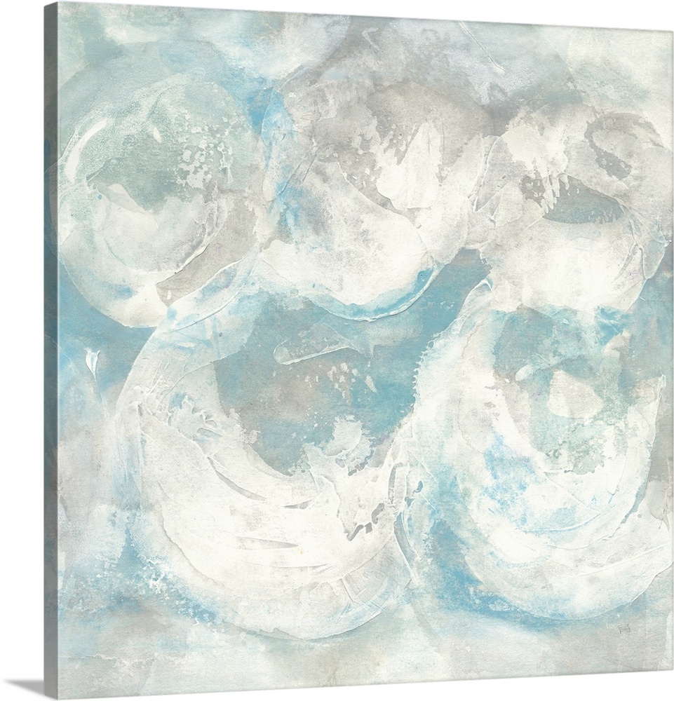 Square abstract painting of textured swirls of white and blue.