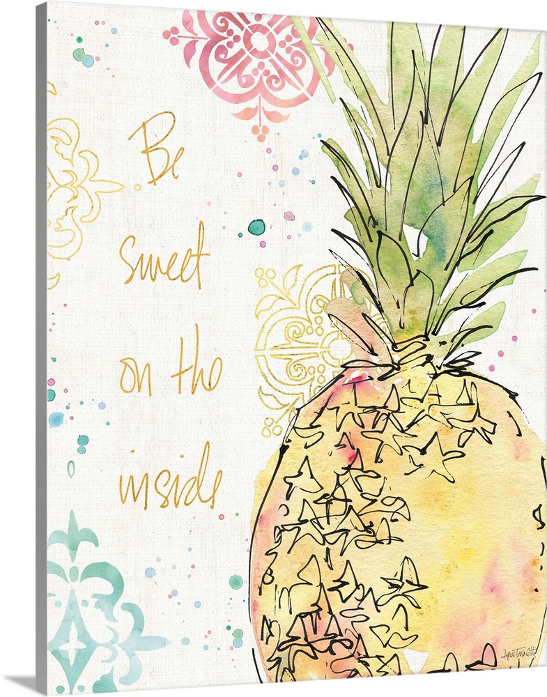 "Be Sweet On the Inside" watercolor painting of a tropical pineapple with a colorfully designed background.