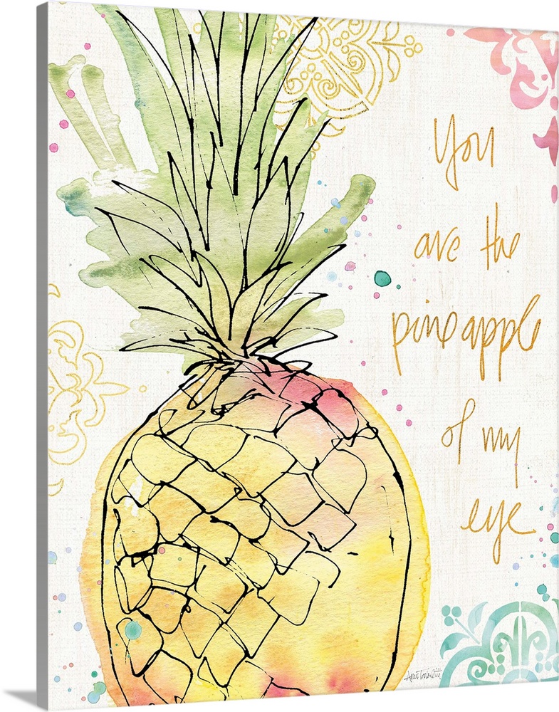 "You Are the Pineapple of My Eye" watercolor painting of a tropical pineapple with a colorfully designed background.