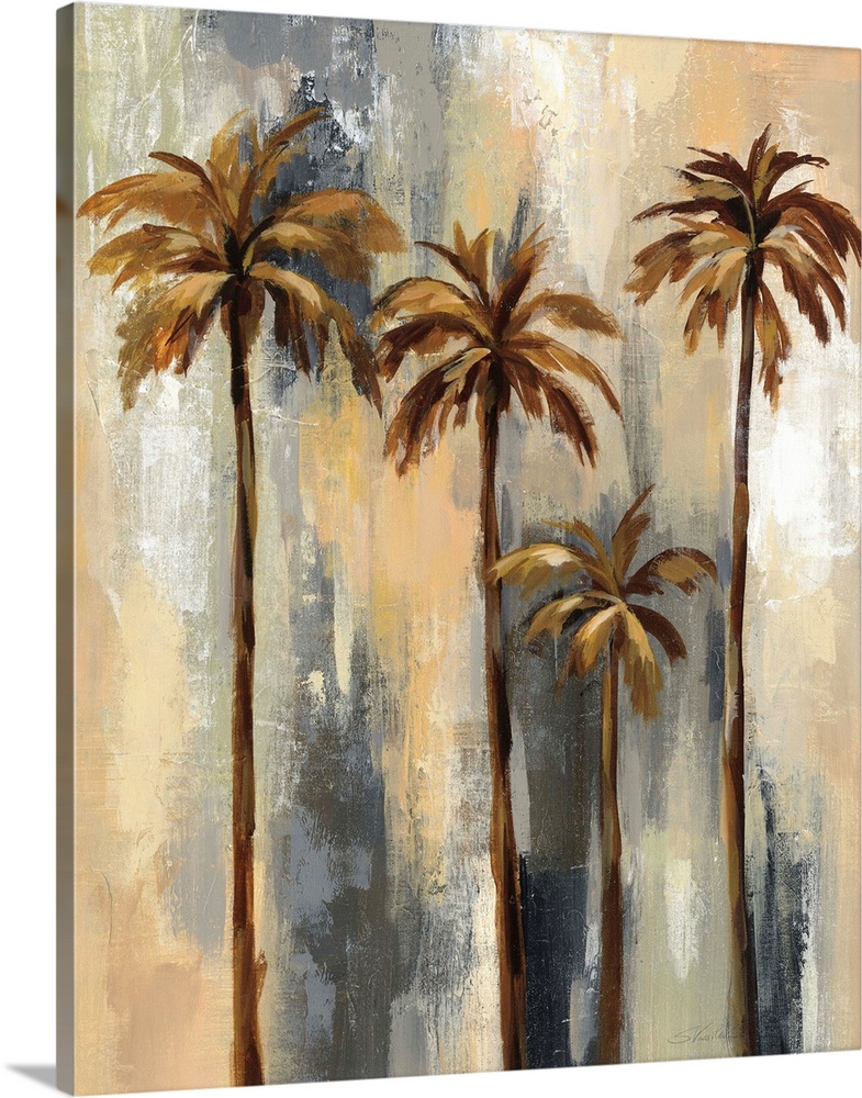 Abstract painting of neutral colored palm trees with a gray, black, yellow, and orange layered background made of long ver...