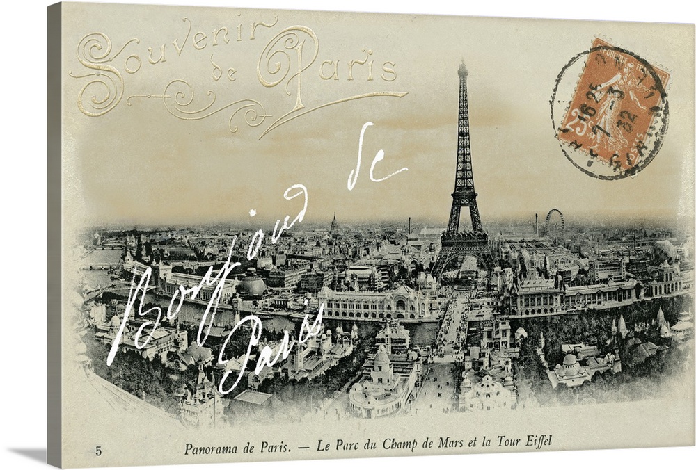 Vintage souvenir postcard from France of the Eiffel Tower and surrounding Paris city.