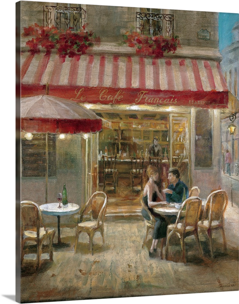 Huge contemporary art depicts a couple sitting alone at a table outside of a small eatery in France.  The lone bartender w...