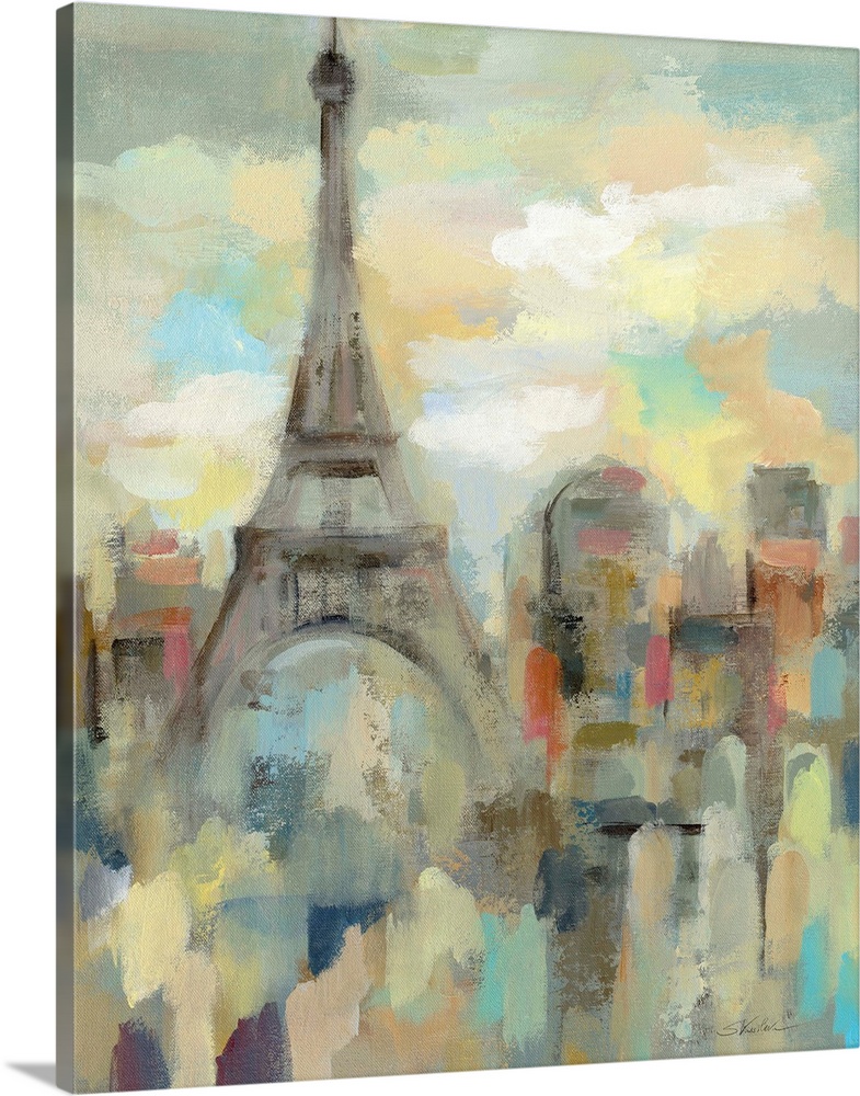 Cityscape painting of Paris, France painted in an impressionistic style with the Eiffel Tower on the left.