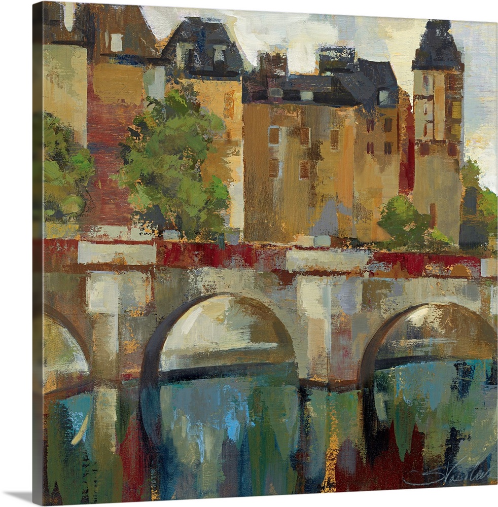 Abstract painting of a bridge going in front of a town comprised of large brush strokes.