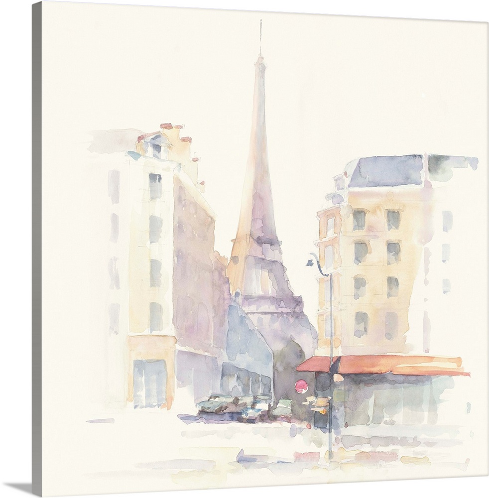 Pastel watercolor painting of the Eiffel Tower seen from a street in Paris.