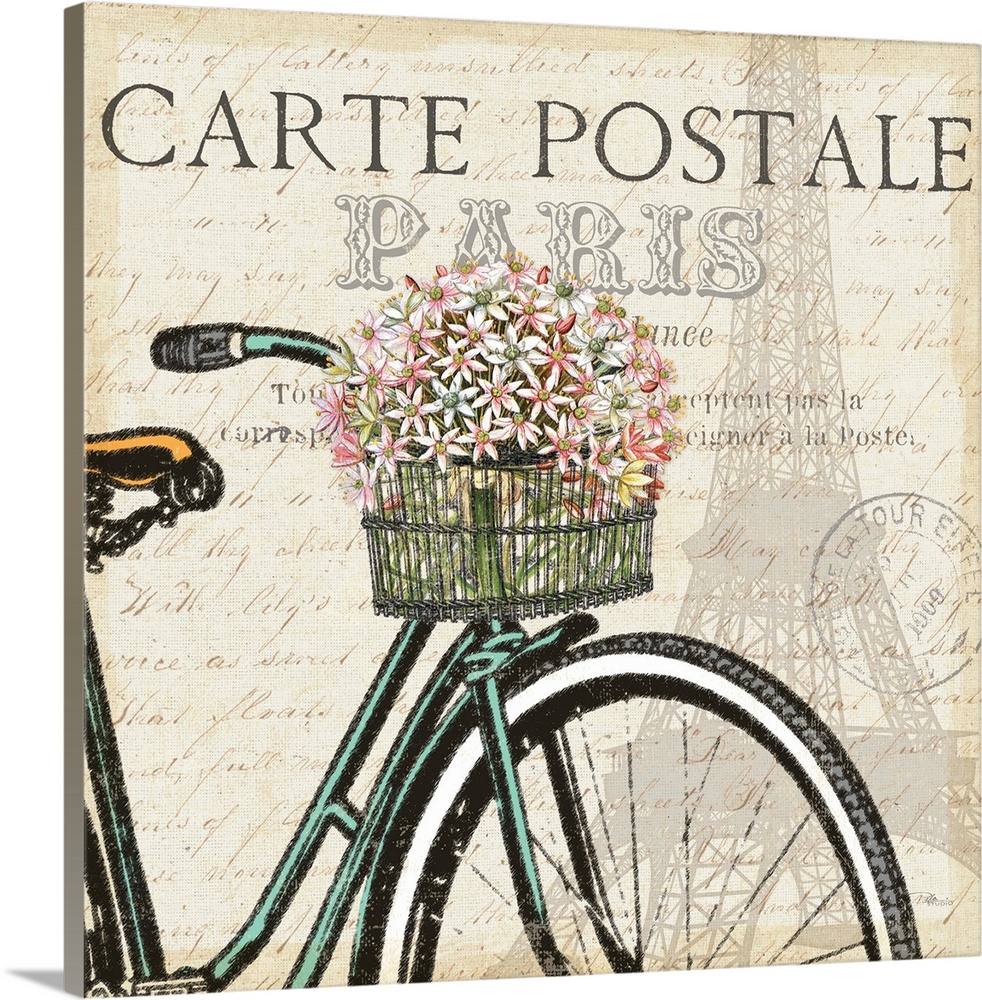 Vintage image of a bicycle with a basket full of flowers on an antique Paris postcard.