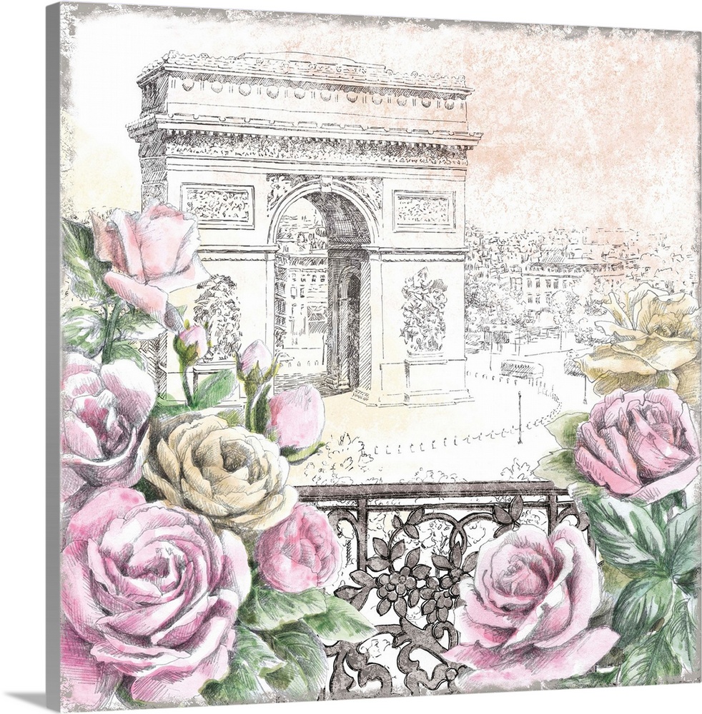 Contemporary home decor artwork of the Arc de Triomphe in a neutral pencil sketch-like style seen from a balcony with colo...