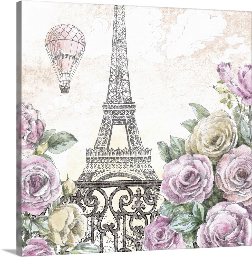 Contemporary home decor artwork of the Eiffel Tower in a neutral pencil sketch-like style seen from a balcony with colorfu...