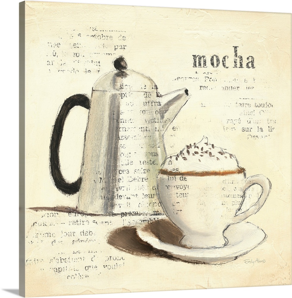 Square, large home art docor of cup of gourmet coffee with whipped cream on top, next to a metal pot.  The word ""mocha: i...