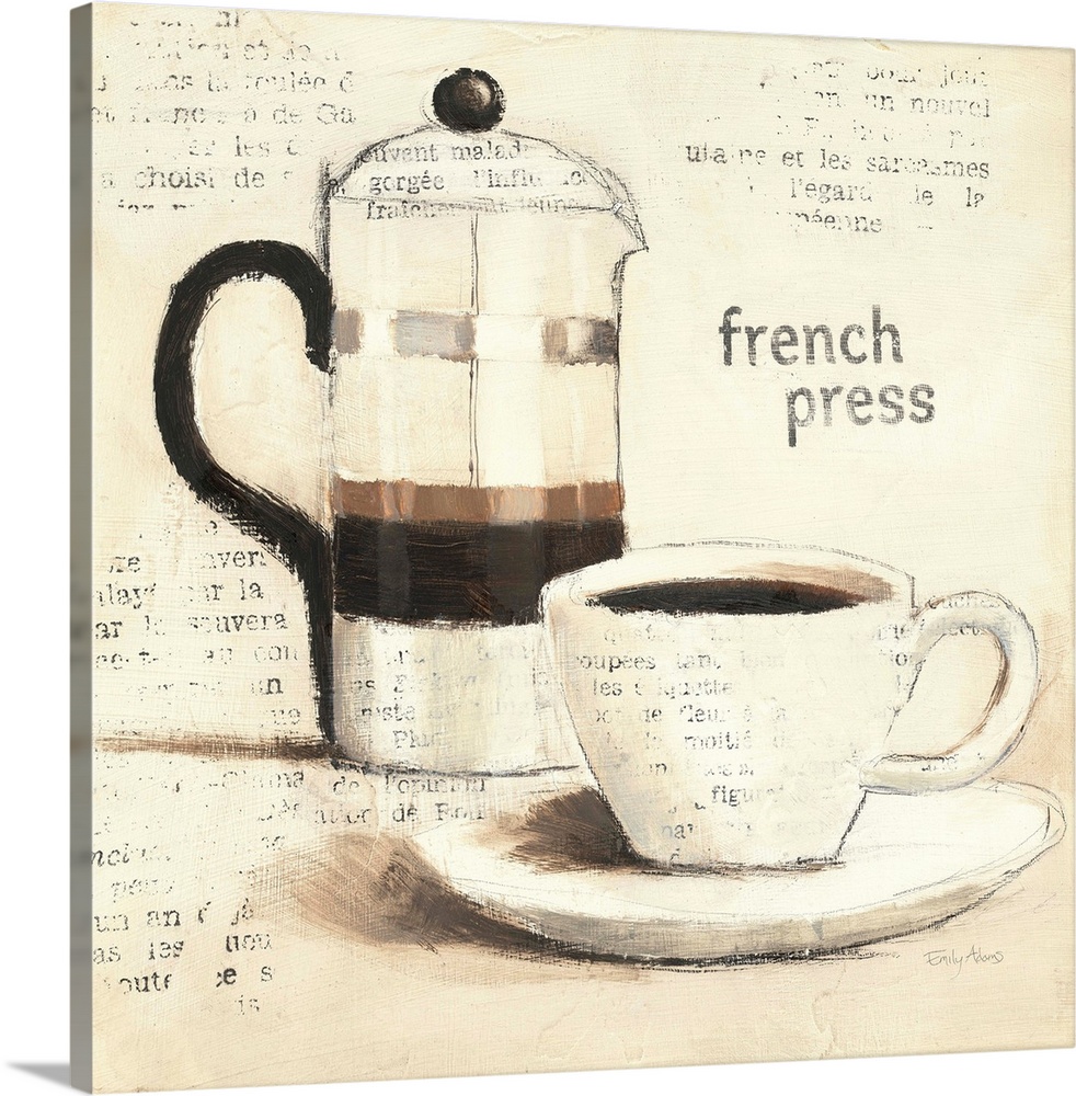 A French press and cup of coffee are drawn onto a neutral background with pieces of text faded over parts of the artwork.