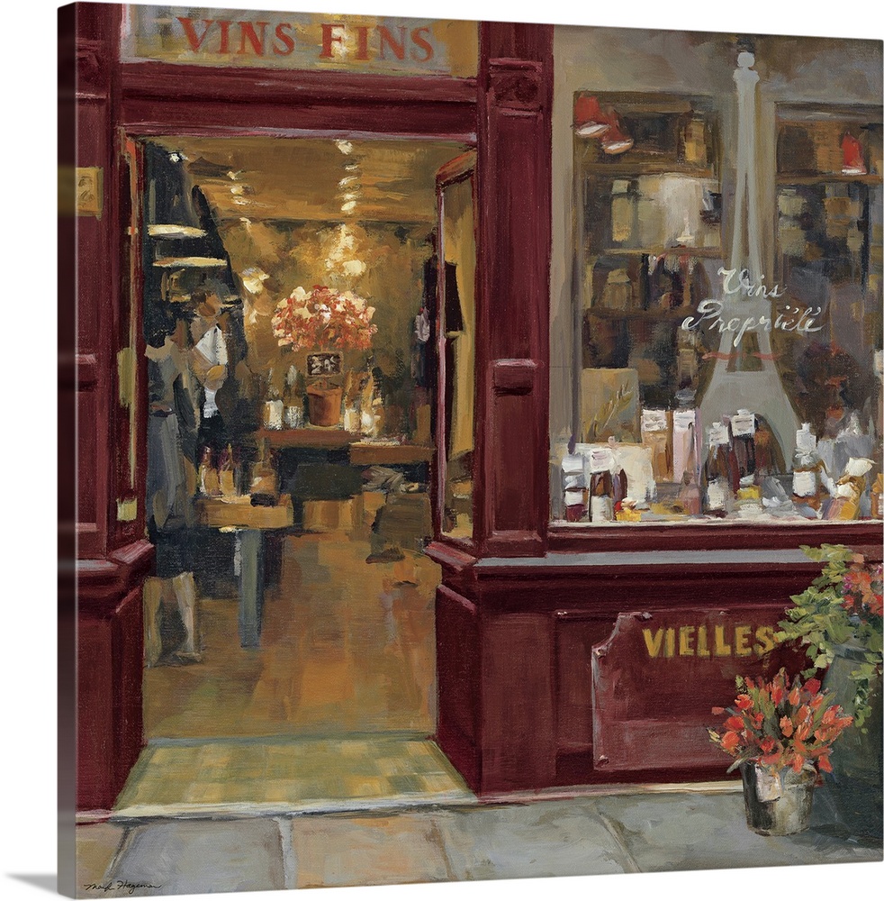 Square painting on canvas of the outside of a storefront in Paris.