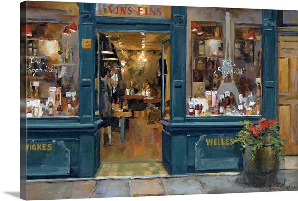 This home docor painting for the living room or kitchen shows the interior of a shop as view from the front door and the s...