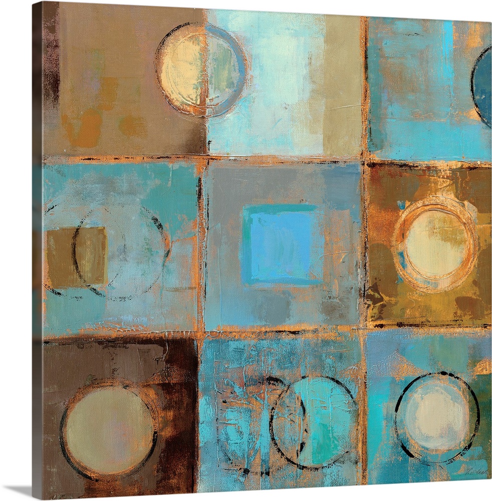 Contemporary painting of squares and circles in cool aqua and earthy tones, separated by light tan lines.