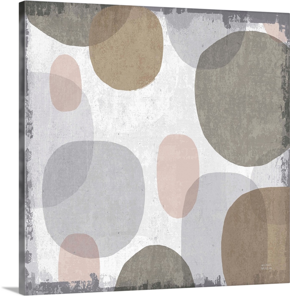 Large abstract artwork with oblong shapes running down the canvas in brown, gray, faded pink, and blue-gray hues.