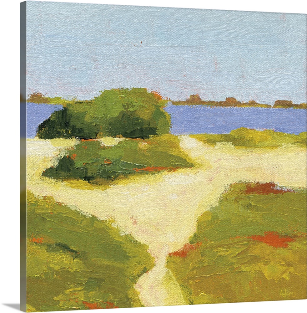 Square abstract painting of a yellow sandy path that leads to the beach.