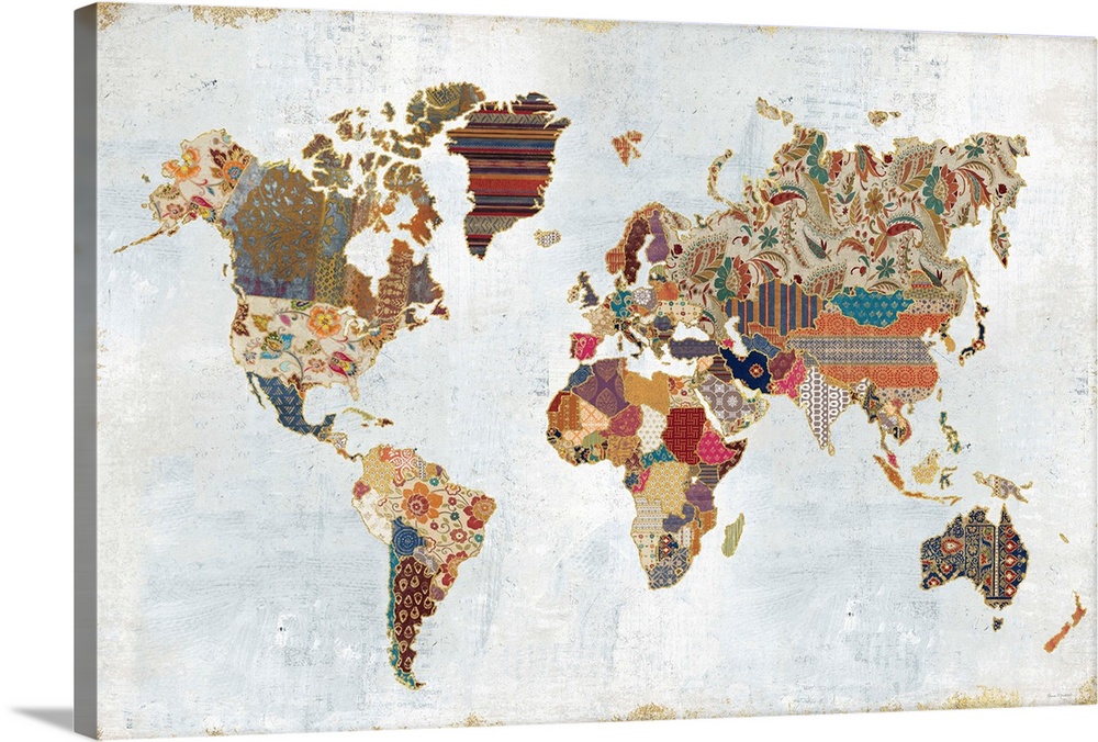 Contemporary artwork of a world map made from different patterns.