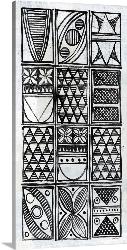 Black and white painting with neatly stacked rectangles filled with  different intricate designs.