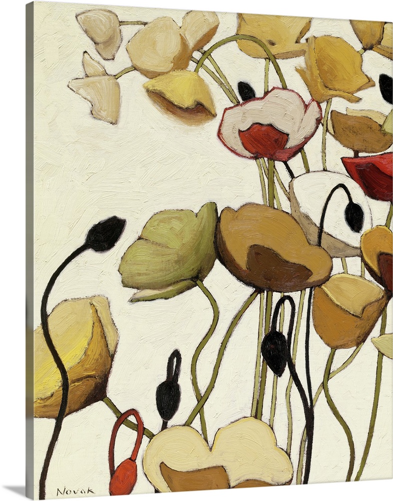 Vertical, big floral painting of poppy flowers with minimal detail, extending upward on long stems, in mainly golden tones...