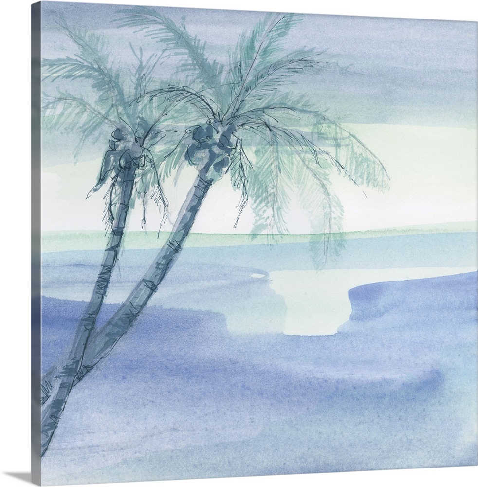 Contemporary watercolor painting of palm trees against a blue background.