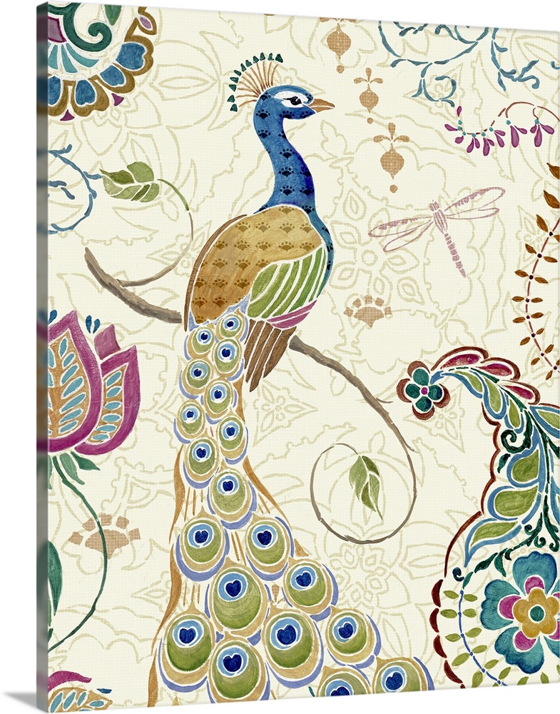 Whimsical draw of a peacock on a branch with a dragonfly and colorful florals.