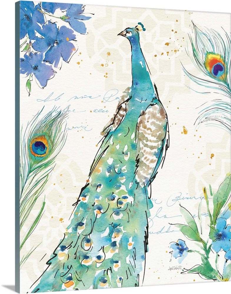 Watercolor painting of a peacock surrounded by peacock feathers and blue flowers on a neutral colored background with ligh...
