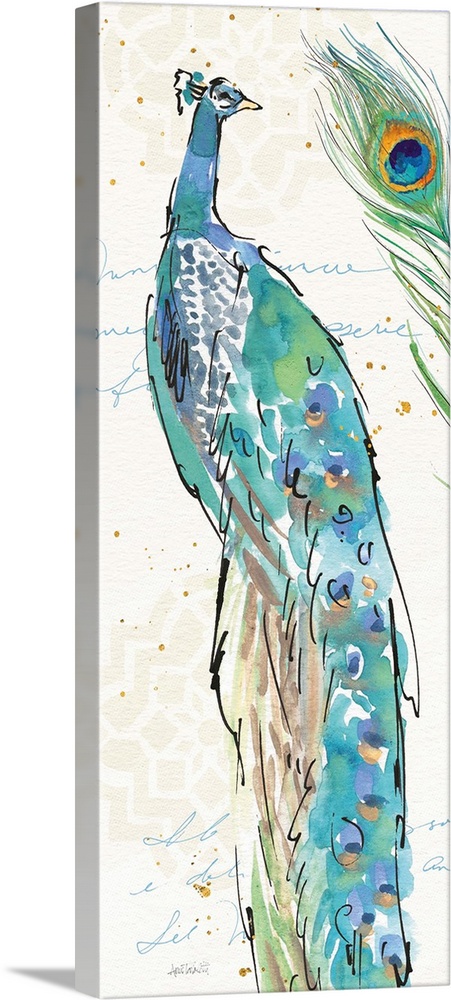 Tall rectangular watercolor painting of a peacock and a peacock feathers on a neutral colored background with light beige ...