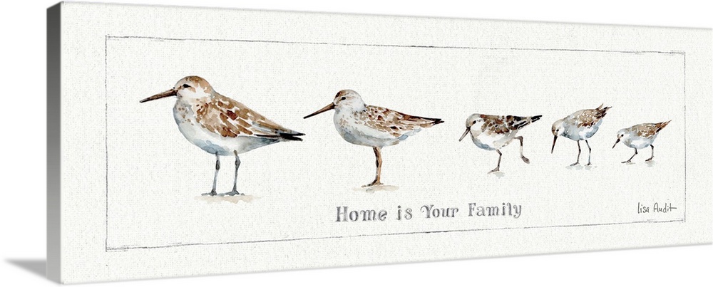 Watercolor painting of a family of sandpipers with the phrase "Home is your family."