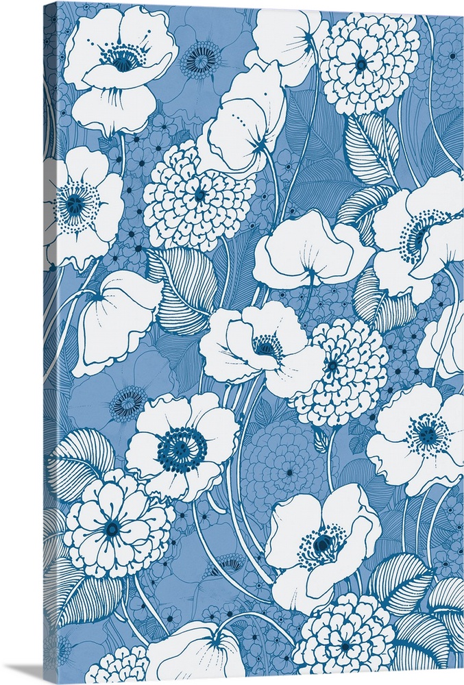 A vertical image of white poppy flowers outlined in blue on a blue floral backdrop.