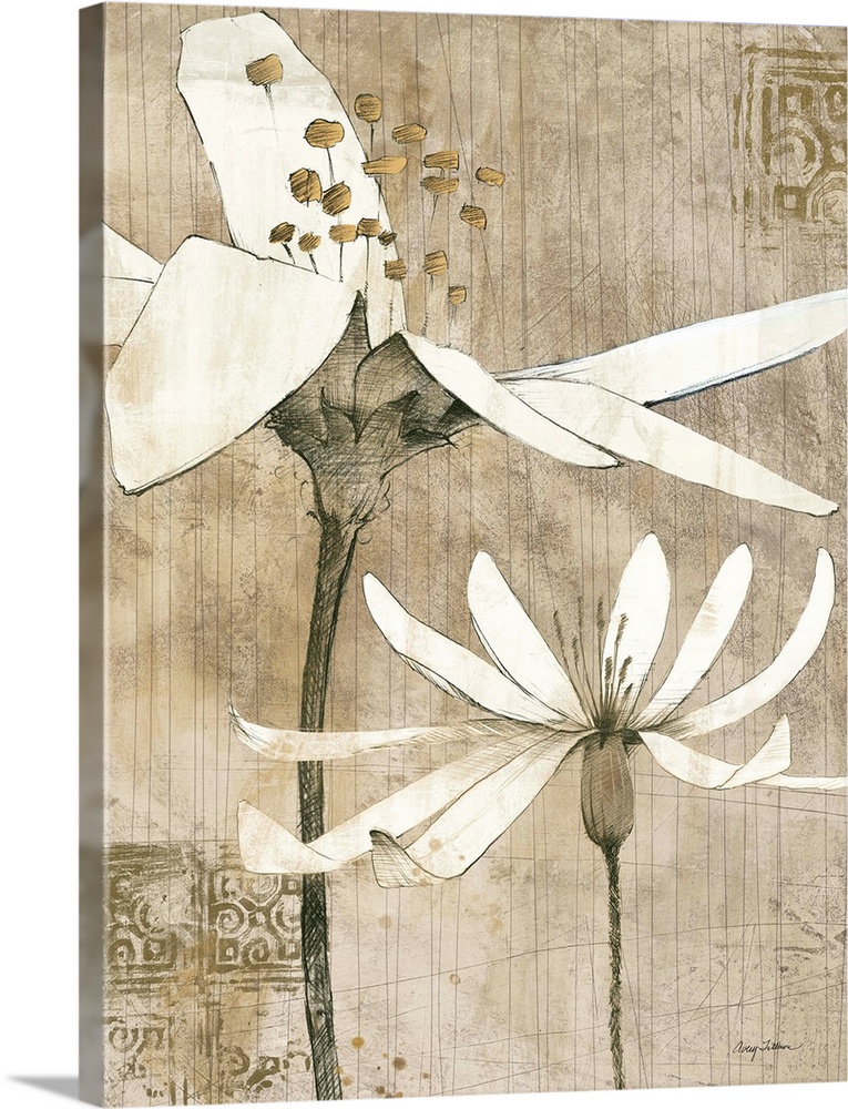 Contemporary artwork of white flowers against a rustic and weathered looking background.