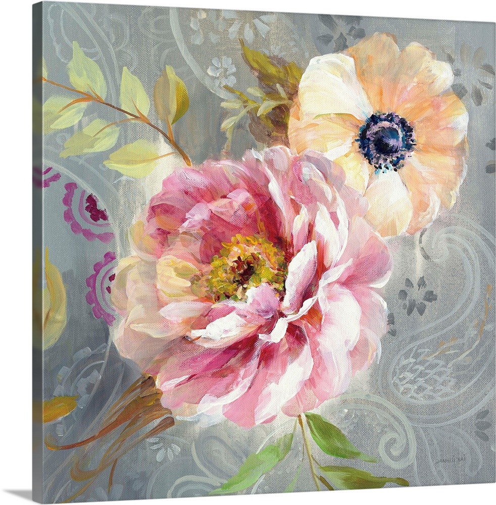 Contemporary square painting of a pink peony and yellow poppy flower on a gray paisley patterned background.