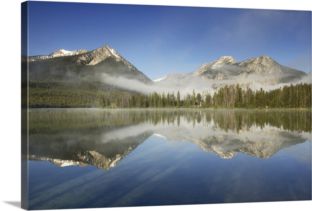 Photograph of Petit Lake in clearing morning fog, Sawtooth National Recreation Area Idaho