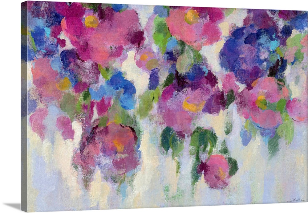 Contemporary painting of blue and pink flowers.